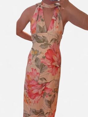 Cream Floral Maxi Dress halter neck open back
